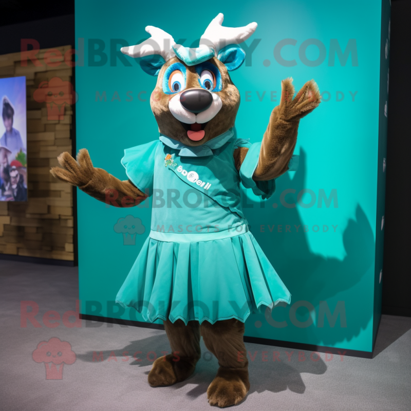 Teal Reindeer mascot costume character dressed with a Pleated Skirt and Scarf clips