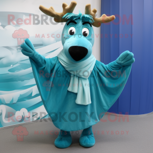 Teal Reindeer mascot costume character dressed with a Pleated Skirt and Scarf clips