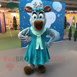 Teal Reindeer mascot costume character dressed with a Pleated Skirt and Scarf clips