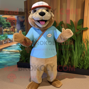 Tan Otter mascot costume character dressed with a Bermuda Shorts and Headbands