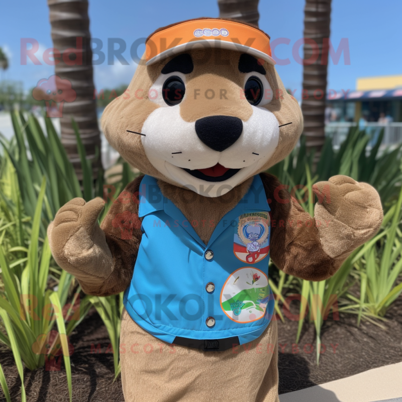 Tan Otter mascot costume character dressed with a Bermuda Shorts and Headbands Tan Otter mascot costume character dressed with a Bermuda Shorts and Headbands