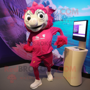 Magenta Cod mascot costume character dressed with a Running Shorts and Brooches