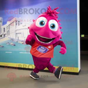 Magenta Cod mascot costume character dressed with a Running Shorts and Brooches