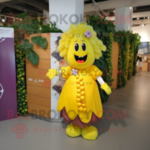 Yellow Grape mascot costume character dressed with a A-Line Skirt and Hairpins