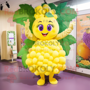 Yellow Grape mascot costume character dressed with a A-Line Skirt and Hairpins