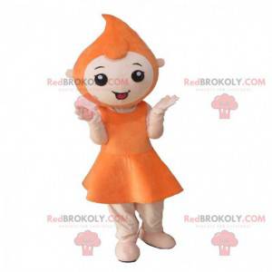 Mascote da menina com a cabeça em forma de gota de laranja -