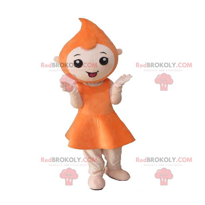 Mascote da menina com a cabeça em forma de gota de laranja -