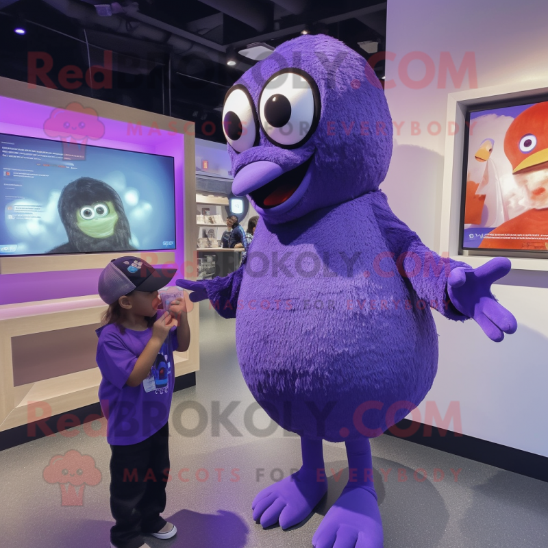 Purple Blackbird mascot costume character dressed with a Romper and Watches Purple Blackbird mascot costume character dressed with a Romper and Watches