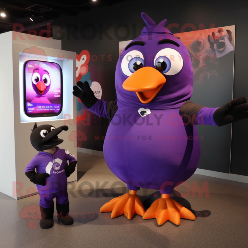 Purple Blackbird mascot costume character dressed with a Romper and Watches