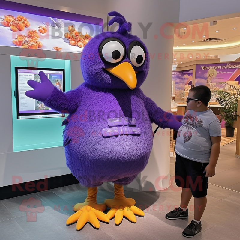 Purple Blackbird mascot costume character dressed with a Romper and Watches