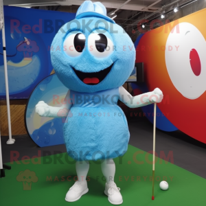 Personaje de traje de mascota Sky Blue Golf Ball vestido con un mono y horquillas