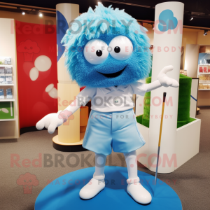 Sky Blue Golf Ball mascot costume character dressed with a Playsuit and Hairpins