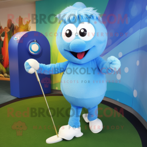 Personaje de traje de mascota Sky Blue Golf Ball vestido con un mono y horquillas