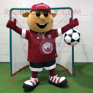 Maroon Soccer Goal mascot costume character dressed with a Cargo Shorts and Messenger bags