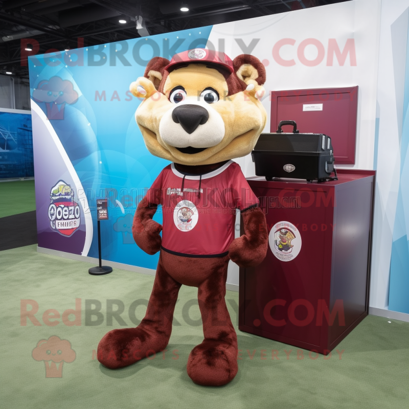 Maroon Soccer Goal mascot costume character dressed with a Cargo Shorts and Messenger bags