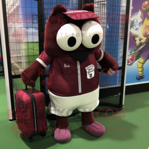 Maroon Soccer Goal mascot costume character dressed with a Cargo Shorts and Messenger bags
