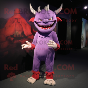 Lavender Devil mascot costume character dressed with a Corduroy Pants and Anklets