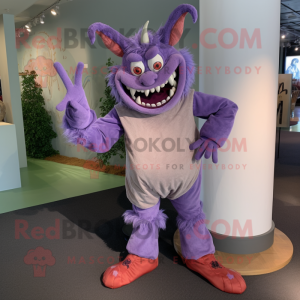 Lavender Devil maskot kostume karakter klædt med fløjlsbukser og fodlænker