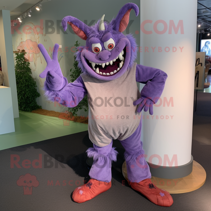 Lavender Devil mascot costume character dressed with a Corduroy Pants and Anklets