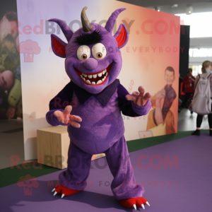 Lavender Devil mascot costume character dressed with a Corduroy Pants and Anklets
