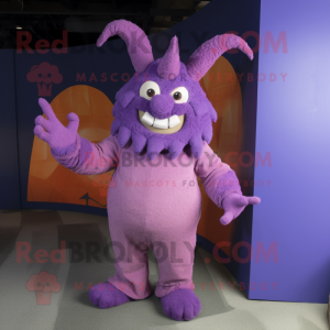 Lavender Devil mascot costume character dressed with a Corduroy Pants and Anklets