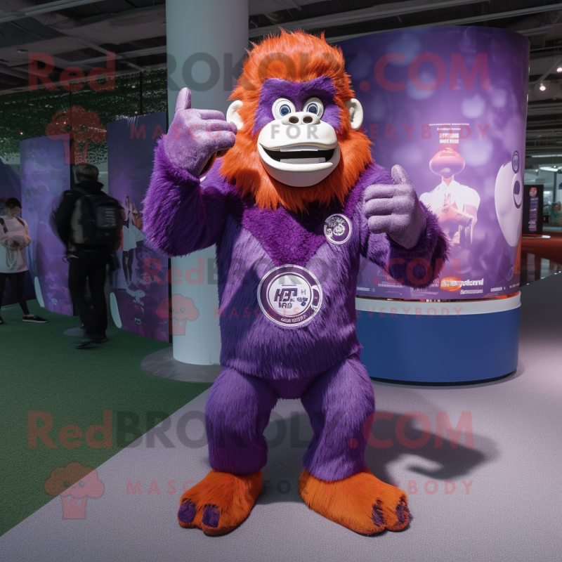 Purple Orangutan mascot costume character dressed with a Rash Guard and Headbands Purple Orangutan mascot costume character dressed with a Rash Guard and Headbands