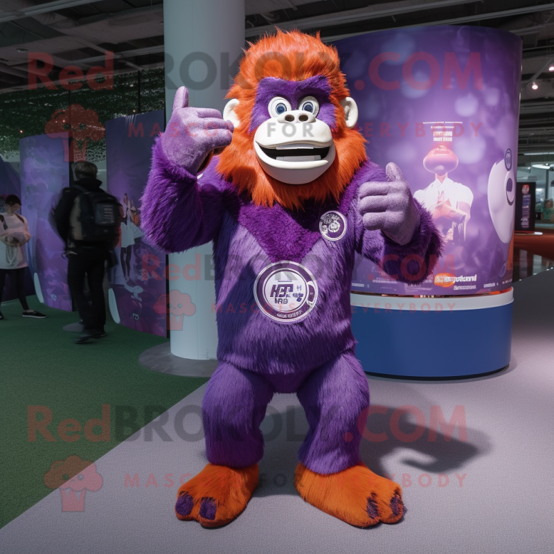 Purple Orangutan mascot costume character dressed with a Rash Guard and Headbands