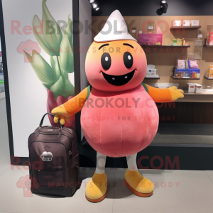 Peach Squash mascot costume character dressed with a Rash Guard and Handbags
