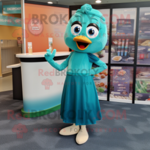 Teal Champagne mascot costume character dressed with a Shift Dress and Shoe laces