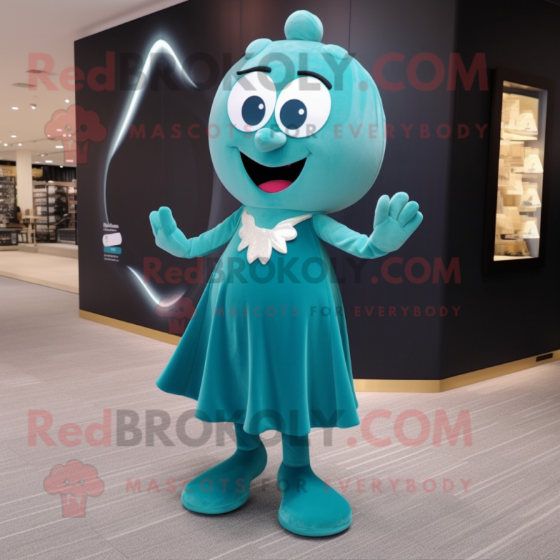 Teal Champagne mascot costume character dressed with a Shift Dress and Shoe laces Teal Champagne mascot costume character dressed with a Shift Dress and Shoe laces