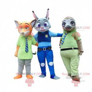 3 mascotes, uma raposa, um coelho e uma preguiça de Zootopia -