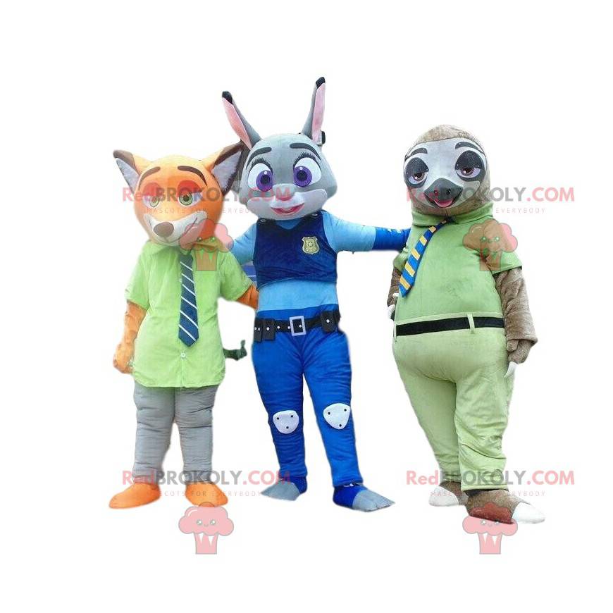 3 mascotes, uma raposa, um coelho e uma preguiça de Zootopia -