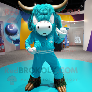 Turquoise Buffalo mascot costume character dressed with a Yoga Pants and Brooches