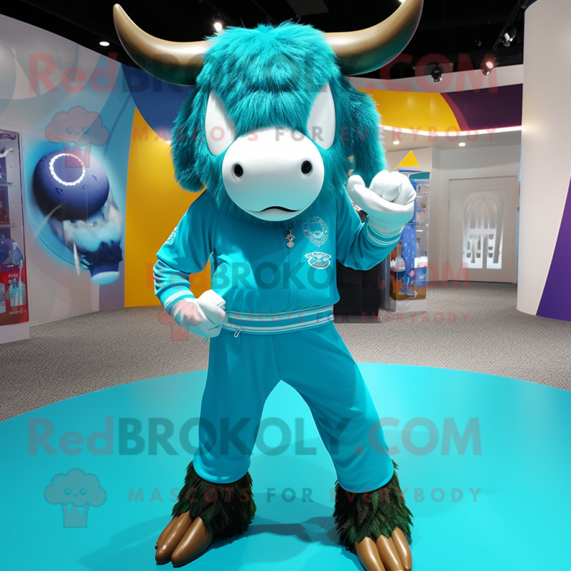 Turquoise Buffalo mascot costume character dressed with a Yoga Pants and Brooches Turquoise Buffalo mascot costume character dressed with a Yoga Pants and Brooches