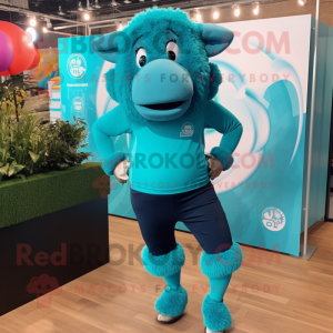 Turquoise Buffalo mascot costume character dressed with a Yoga Pants and Brooches