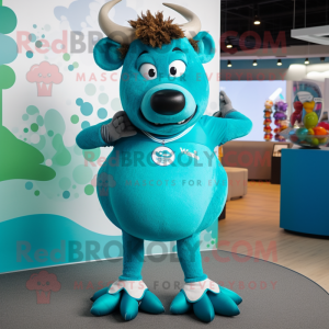 Turquoise Buffalo mascot costume character dressed with a Yoga Pants and Brooches