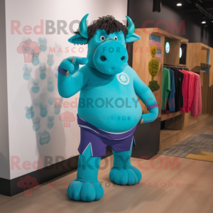 Personaje de traje de mascota de búfalo turquesa vestido con pantalones de yoga y broches