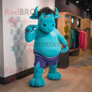 Turquoise Buffalo mascot costume character dressed with a Yoga Pants and Brooches