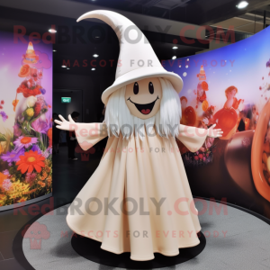 Cream Witch'S Hat mascot costume character dressed with a Maxi Dress and Hair clips