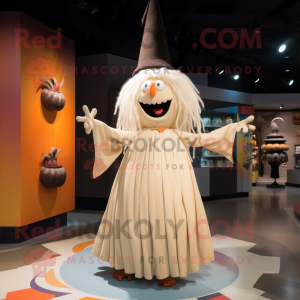 Personaje de disfraz de mascota Cream Witch S Hat vestido con un Maxi Dress y pinzas para el cabello
