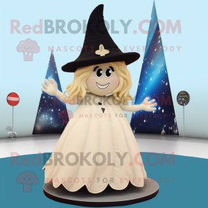 Cream Witch'S Hat mascot costume character dressed with a Maxi Dress and Hair clips