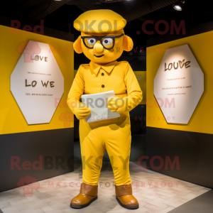 Yellow Love Letter mascot costume character dressed with a Henley Tee and Berets