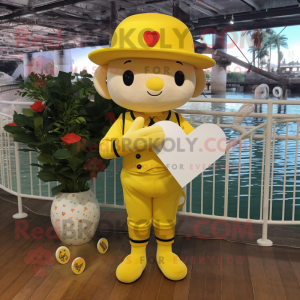 Personaje de disfraz de mascota Yellow Love Letter vestido con una camiseta henley y boinas