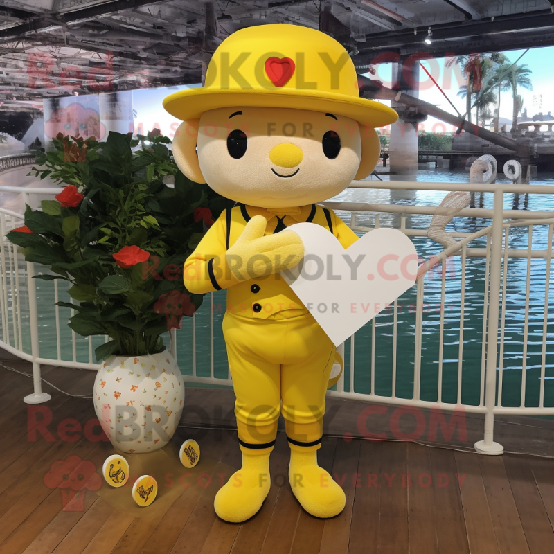 Yellow Love Letter mascot costume character dressed with a Henley Tee and Berets Yellow Love Letter mascot costume character dressed with a Henley Tee and Berets
