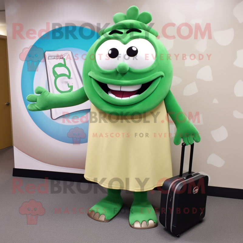 Green Bagels mascot costume character dressed with a Maxi Skirt and Briefcases Green Bagels mascot costume character dressed with a Maxi Skirt and Briefcases