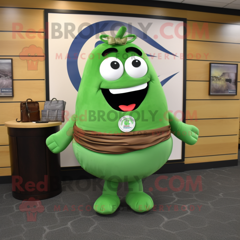 Green Bagels mascot costume character dressed with a Maxi Skirt and Briefcases Green Bagels mascot costume character dressed with a Maxi Skirt and Briefcases