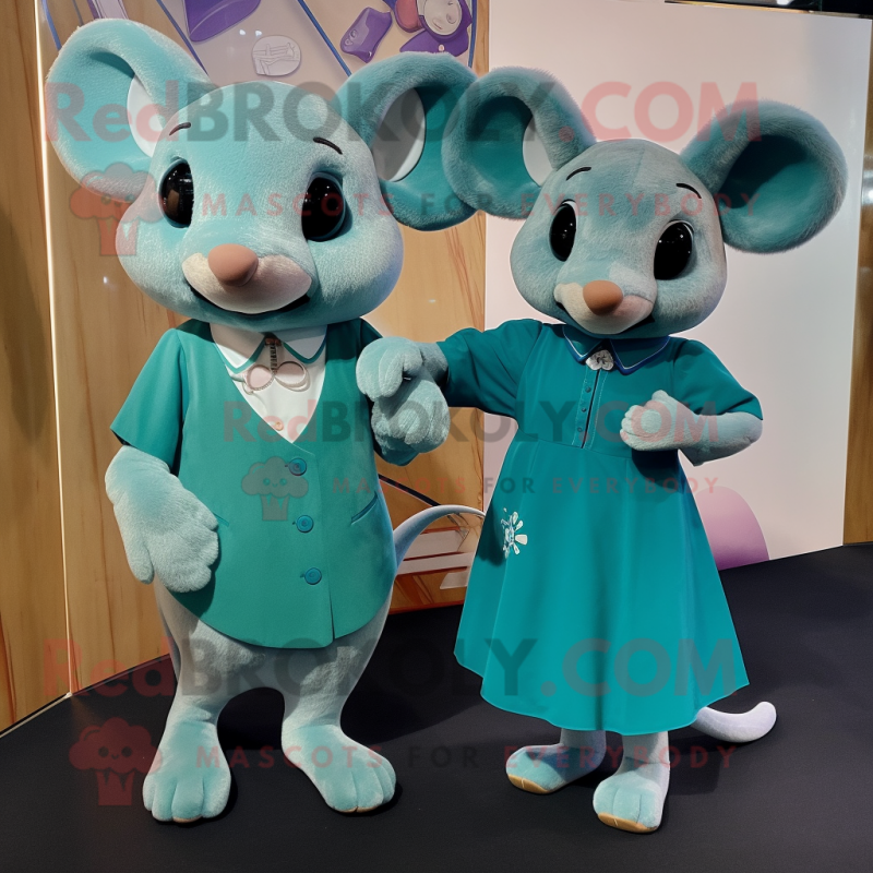 Teal Mouse mascot costume character dressed with a Shift Dress and Cufflinks