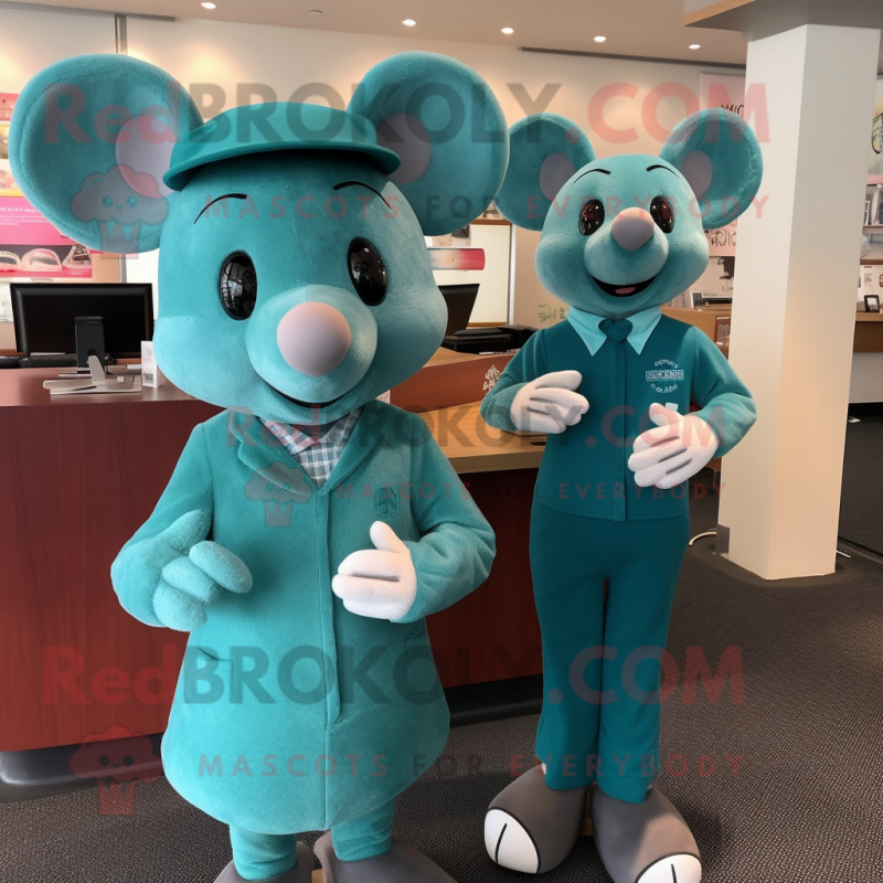 Teal Mouse mascot costume character dressed with a Shift Dress and Cufflinks Teal Mouse mascot costume character dressed with a Shift Dress and Cufflinks