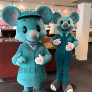 Teal Mouse mascot costume character dressed with a Shift Dress and Cufflinks