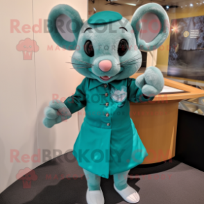 Teal Mouse mascot costume character dressed with a Shift Dress and Cufflinks